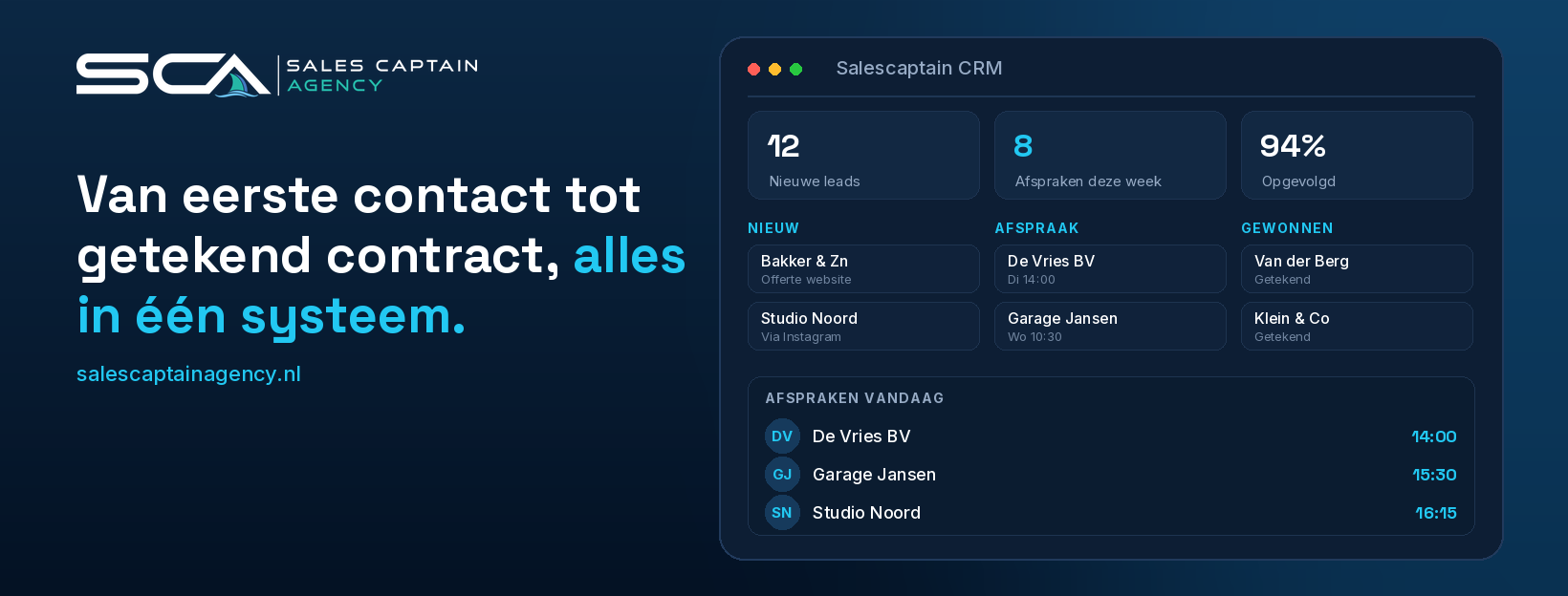 Overzichtsscherm van het Salescaptain CRM met contacten, taken en opvolgstatus